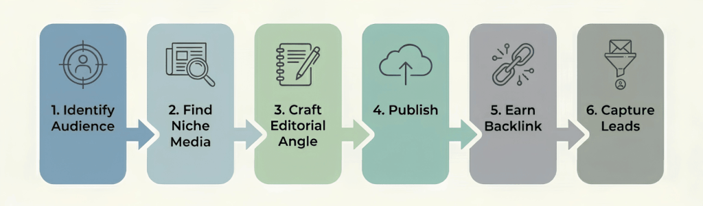 Step-by-step flowchart of the niche media PR backlink building process from audience identification to lead capture